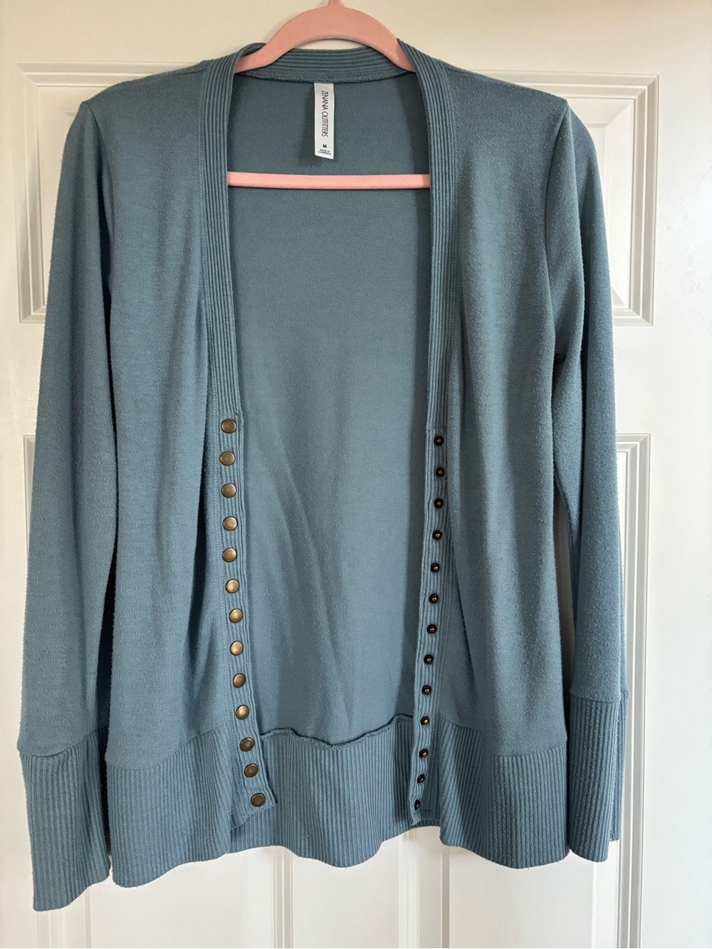 Zenana Outfitters Dusty Blue Open Front Snap Cardigan